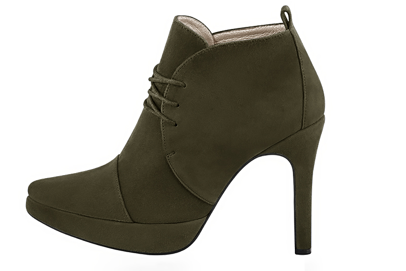 Khaki green women's ankle boots with laces at the front. Tapered toe. Very high slim heel with a platform at the front. Profile view - Florence KOOIJMAN